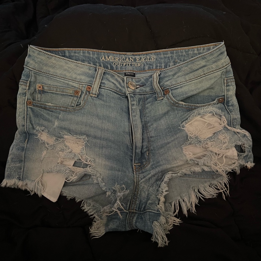 SOLD American Eagle Outfitters Light Wash Blue Distressed High Rise Jean Shorts